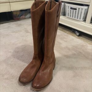 Frye Melissa button inside zip distressed leather cognac boot